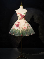 Champagne Scoop Neck Short Prom Dress with Flowers, Cute A-Line Party Dress