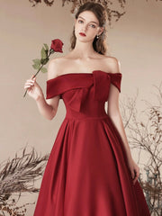 Burgundy Satin Long Prom Dress, Off the Shoulder Evening Party Dress