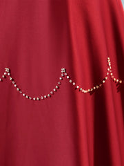 Elegant Burgundy Satin Long Prom Dress with Beaded, Burgundy Short Sleeve Evening Dress