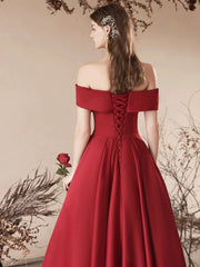Burgundy Satin Long Prom Dress, Off the Shoulder Evening Party Dress