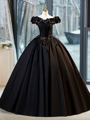 Black A-Line Floor Length Prom Dress with Pearl, Off the Shoulder Evening Party Dress