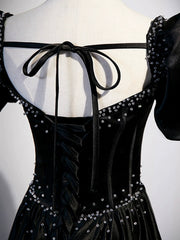 Black Satin Beaded Floor Length Prom Dress, Black A-Line Short Sleeve Evening Dress