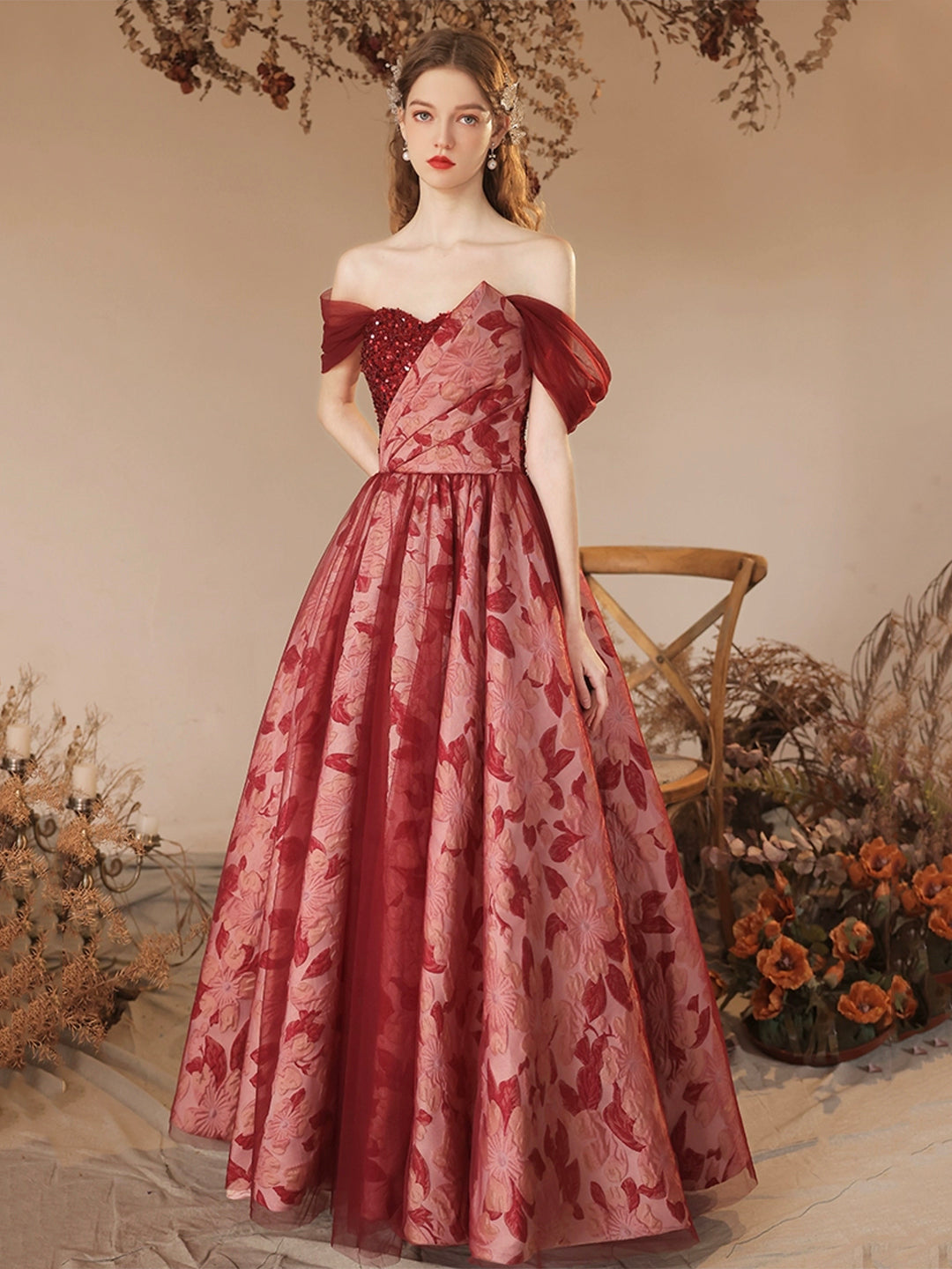 Beautiful Burgundy Sequins Printing Floor Length Prom Dress, Off the Shoulder Evening Party Dress