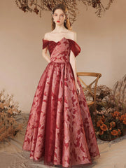 Beautiful Burgundy Sequins Printing Floor Length Prom Dress, Off the Shoulder Evening Party Dress