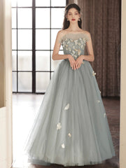 Gray Tulle Strapless Long Prom Dress, Lovely A-Line Sweetheart Neck Party Dress