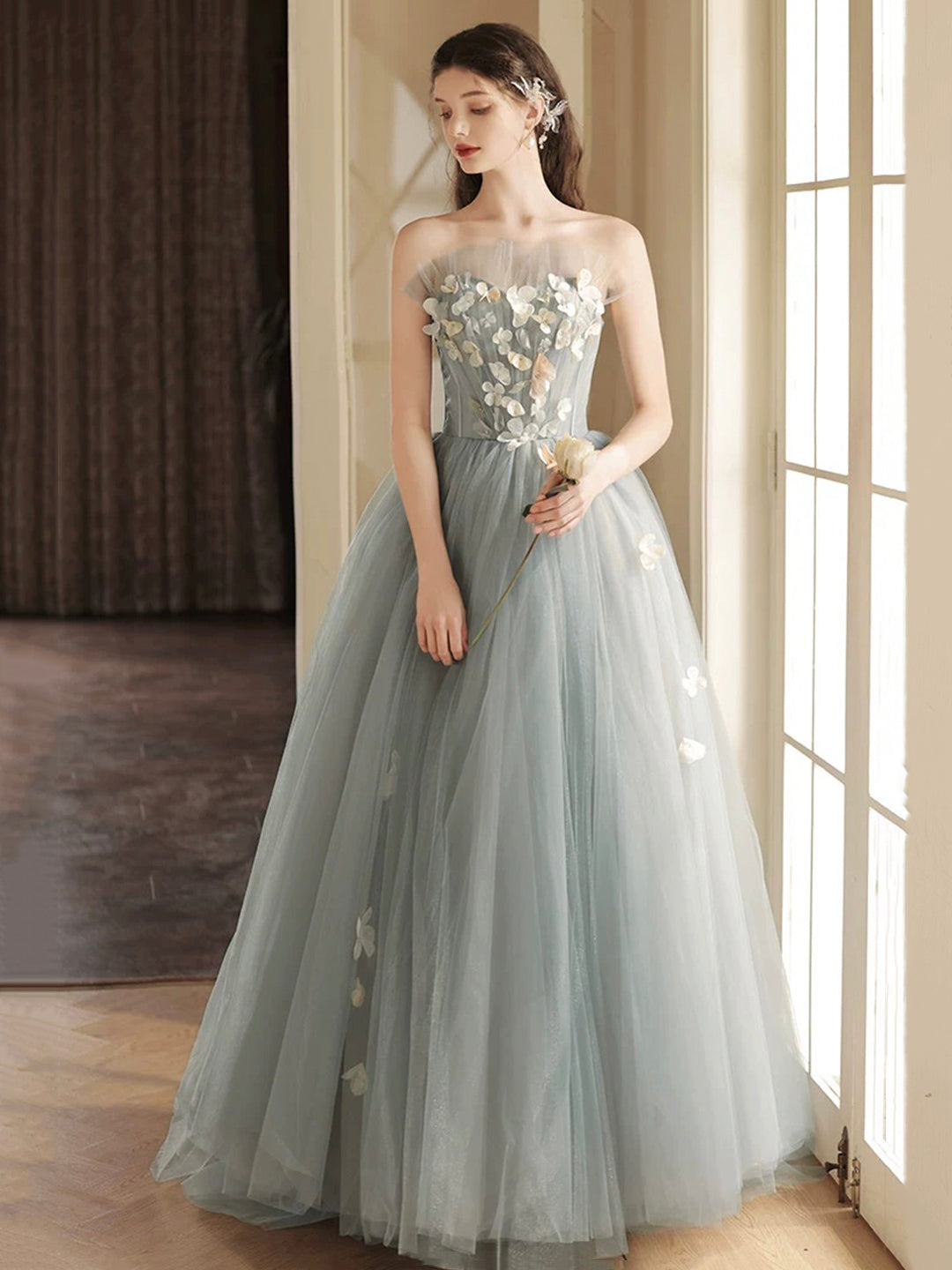 Gray Tulle Strapless Long Prom Dress, Lovely A-Line Sweetheart Neck Party Dress