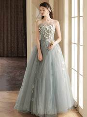 Gray Tulle Strapless Long Prom Dress, Lovely A-Line Sweetheart Neck Party Dress