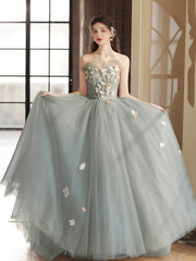 Gray Tulle Strapless Long Prom Dress, Lovely A-Line Sweetheart Neck Party Dress