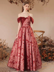 Beautiful Burgundy Sequins Printing Floor Length Prom Dress, Off the Shoulder Evening Party Dress