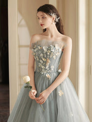 Gray Tulle Strapless Long Prom Dress, Lovely A-Line Sweetheart Neck Party Dress