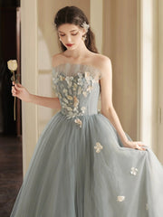 Gray Tulle Strapless Long Prom Dress, Lovely A-Line Sweetheart Neck Party Dress