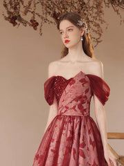 Beautiful Burgundy Sequins Printing Floor Length Prom Dress, Off the Shoulder Evening Party Dress