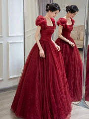 Beautiful Floor Length A-Line Prom Dress, Burgundy Tulle Evening Party Dress