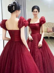 Beautiful Floor Length A-Line Prom Dress, Burgundy Tulle Evening Party Dress