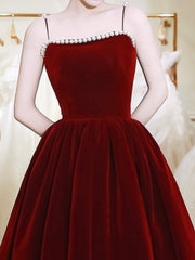 Burgundy Spaghetti Strap Velvet Tea Length Prom Dress with with Pearls