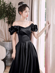 Black Satin Long A-Line Prom Dress, Black Off the Shoulder Evening Party Dress