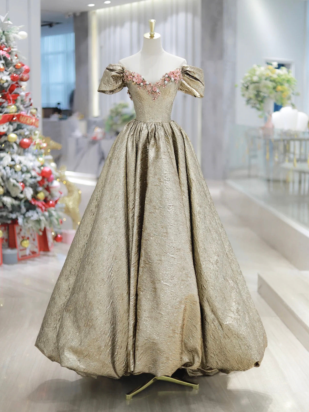 Gold Satin V-Neck Long Prom Dress with Flowers, Off the Shoulder A-Line Formal Dress