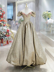 Gold Satin V-Neck Long Prom Dress with Flowers, Off the Shoulder A-Line Formal Dress