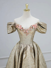 Gold Satin V-Neck Long Prom Dress with Flowers, Off the Shoulder A-Line Formal Dress