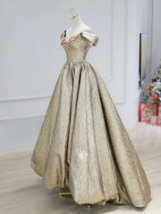 Gold Satin V-Neck Long Prom Dress with Flowers, Off the Shoulder A-Line Formal Dress