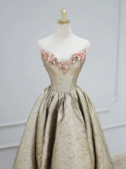 Gold Satin V-Neck Long Prom Dress with Flowers, Off the Shoulder A-Line Formal Dress