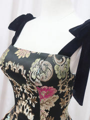 Black Floral Floor Length Prom Dress, A-Line Black Evening Dress HZ1024