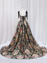 Black Floral Floor Length Prom Dress, A-Line Black Evening Dress HZ1024