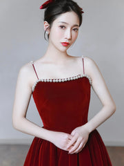 Burgundy Spaghetti Strap Velvet Tea Length Prom Dress with with Pearls