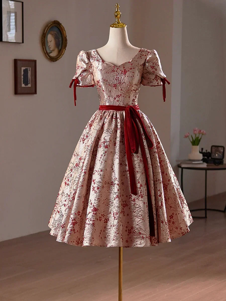 A-Line Floral Satin Short Prom Dress, Cute Short Sleeve Evening Homecoming Dress HZ1024