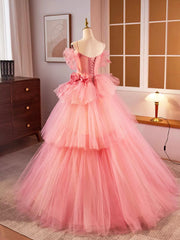 Pink Spaghetti Strap Tulle Long Prom Dress, Beautiful A-Line Sweet 16 Dress