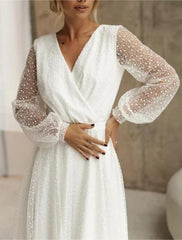 Beach Little White Dresses Wedding Dresses A-Line V Neck Long Sleeve Tea Length Sequined Bridal Gowns With Beading Solid Color