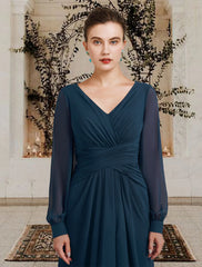 A-Line Mother of the Bride Dress Wedding Guest Elegant Plus Size V Neck Floor Length Chiffon Long Sleeve with Ruched Ruffles Side-Draped dress Solid Color