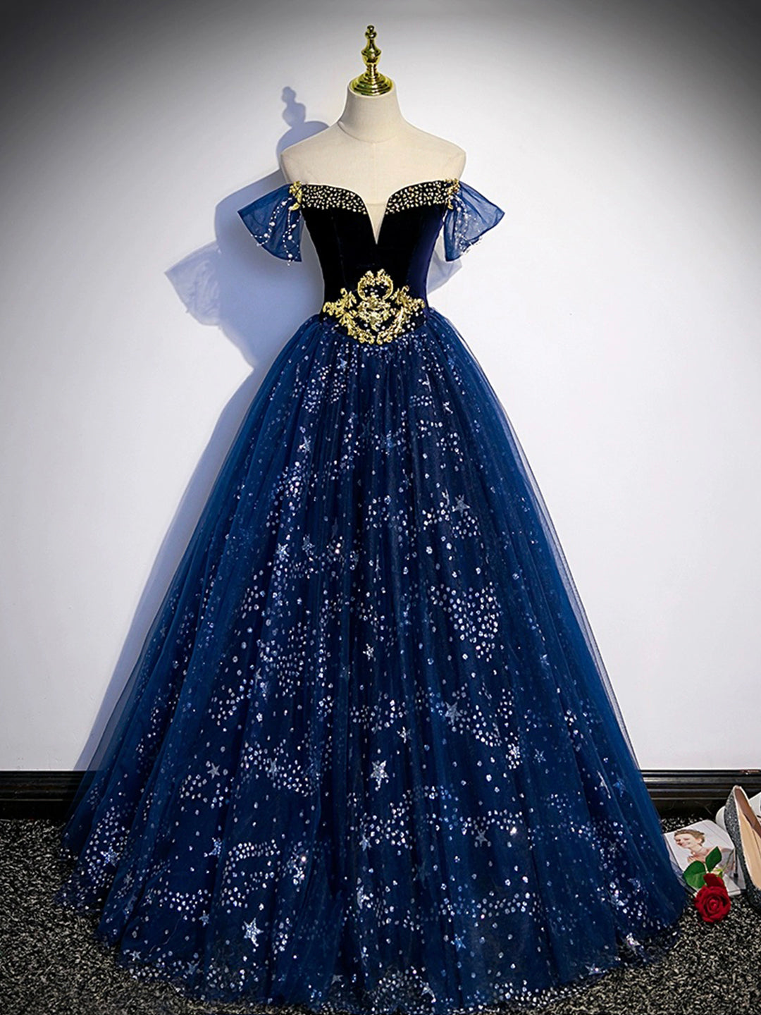 Blue Tulle Floor Length Prom Dress with Beaded, Off the Shoulder Evening Party Dress