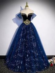 Blue Tulle Floor Length Prom Dress with Beaded, Off the Shoulder Evening Party Dress