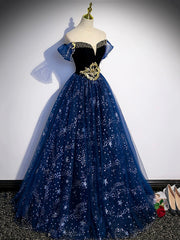 Blue Tulle Floor Length Prom Dress with Beaded, Off the Shoulder Evening Party Dress