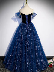 Blue Tulle Floor Length Prom Dress with Beaded, Off the Shoulder Evening Party Dress