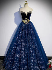 Blue Tulle Floor Length Prom Dress with Beaded, Off the Shoulder Evening Party Dress