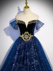 Blue Tulle Floor Length Prom Dress with Beaded, Off the Shoulder Evening Party Dress