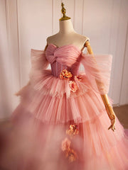 Pink Sweetheart Neck Tulle Long Ball Gown, Beautiful A-Line Evening Party Gown