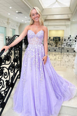 Lavender Strapless Lace A-line Tulle Floor Length Prom Dress
