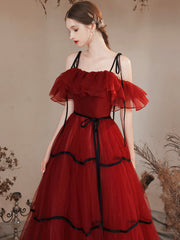 Burgundy Tulle Long Prom Dresses, Burgundy Off Shoulder Evening Party Dresses