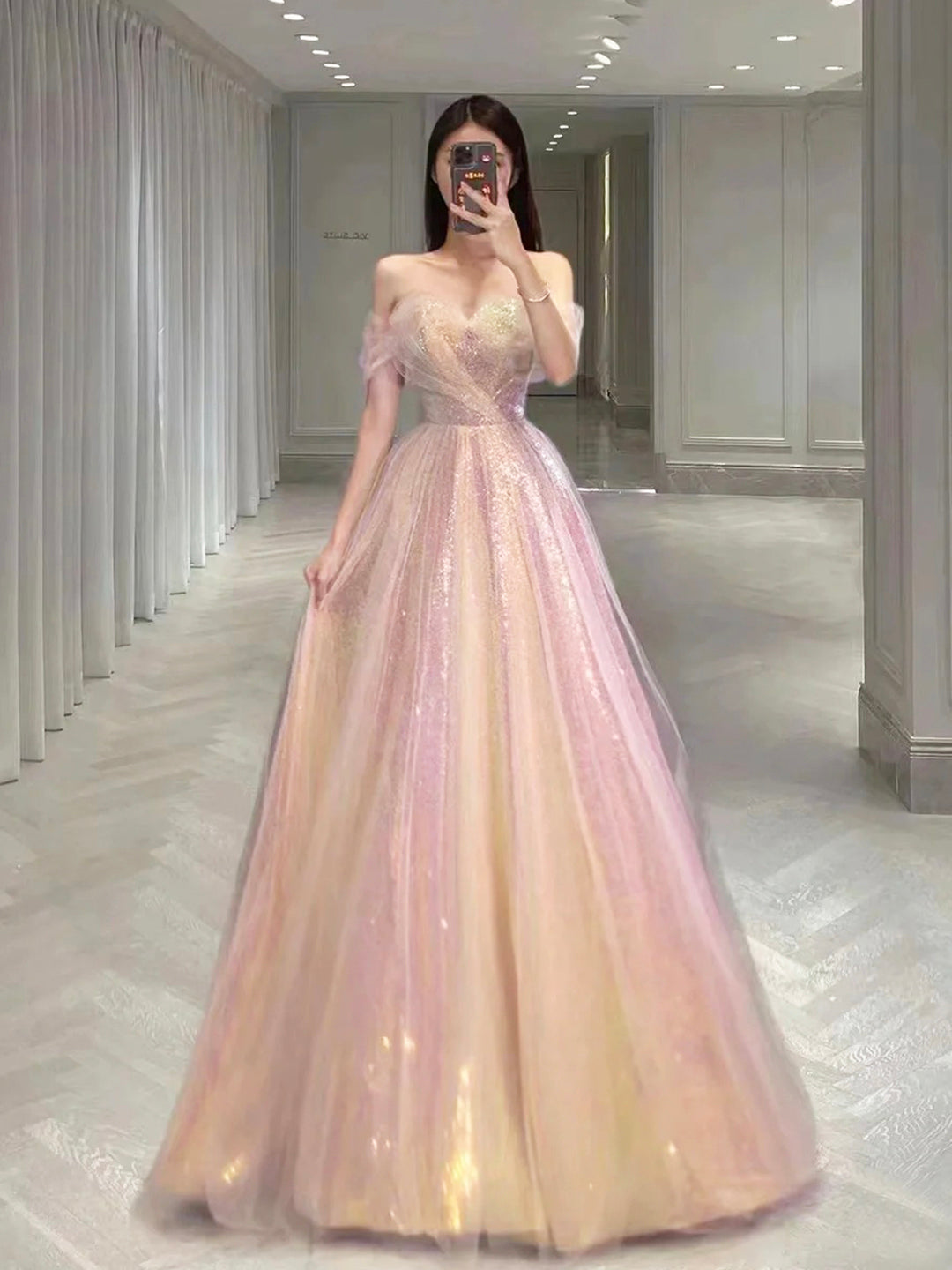 Shiny Sequins Tulle Long Prom Dress, A-Line Off the Shoulder Evening Party Dress
