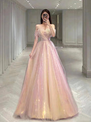 Shiny Sequins Tulle Long Prom Dress, A-Line Off the Shoulder Evening Party Dress