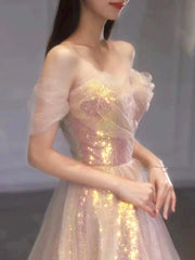Shiny Sequins Tulle Long Prom Dress, A-Line Off the Shoulder Evening Party Dress