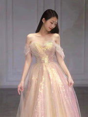 Shiny Sequins Tulle Long Prom Dress, A-Line Off the Shoulder Evening Party Dress