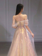 Shiny Sequins Tulle Long Prom Dress, A-Line Off the Shoulder Evening Party Dress