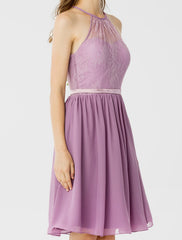 A-Line / Princess Halter Neck Knee Length Chiffon / Corded Lace Bridesmaid Dress with Sash / Ribbon / Pleats