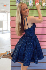 Navy Blue Sequins One-Shoulder A-Line Short Homecoming Dress