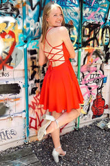 Neon Pink Lace-Up A-Line Satin Homecoming Dress,Night Dress Party Short