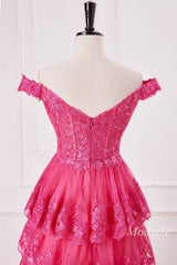 Fuchsia Glitter Appliques Off-the-Shoulder Ruffle Long Prom Dress